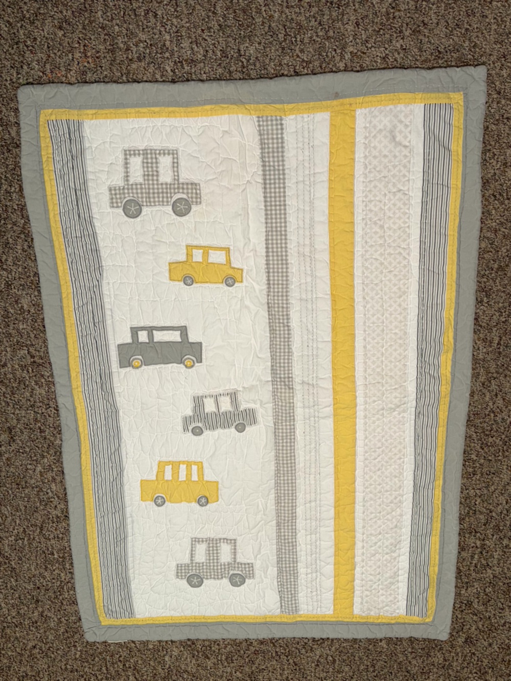 Pottery Barn Kids Gray and Yellow Car Appliqué Baby toddler Quilt blanket